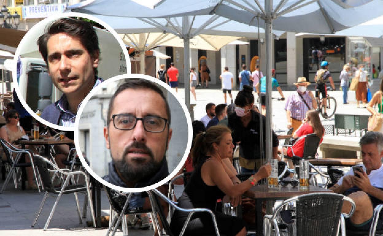 El concejal Miguel Merino y el presidente de Hotuse, Jesús Castellanos, en los círculos, discrepan sobre la futura ordenanza de terrazas de Segovia. 