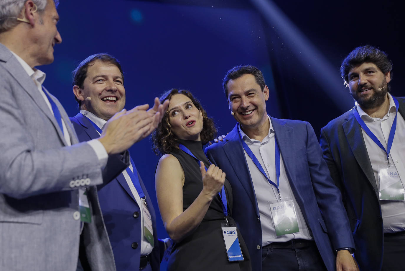 Alfonso Rueda (Galicia), Alfonso Fernández Mañueco (Castilla y León), Isabel Díaz Ayuso (Madrid), Juanma Moreno Bonilla (Andalucía) y Fernando López-Miras (Murcia). 