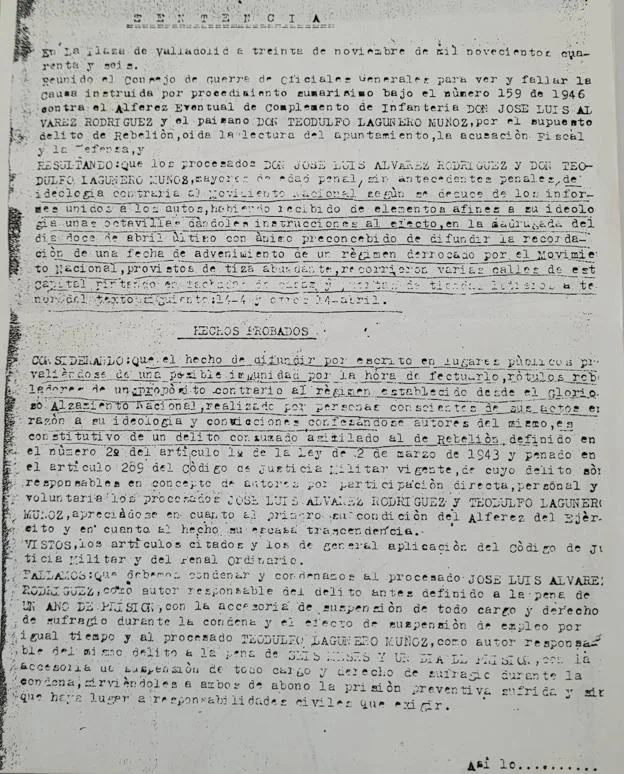 Primera página del Consejo de Guerra que condenó a Lagunero en 1946.