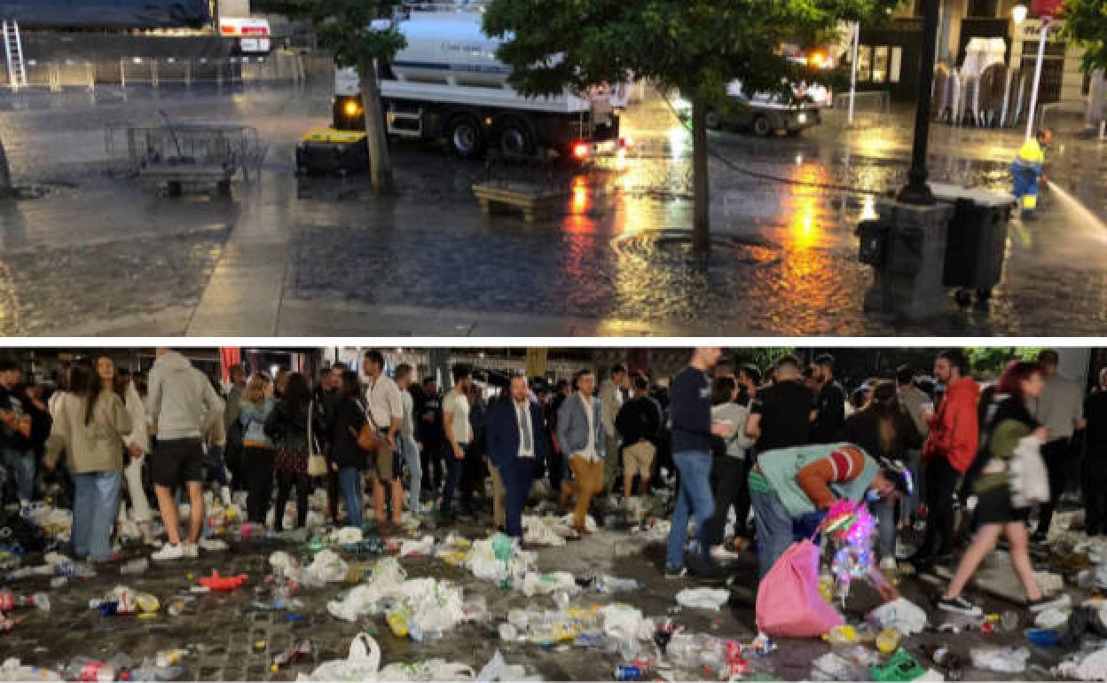 Arriba, los servicios de limpieza adecentan la Plaza; abajo, el mismo lugar, hora y media antes, lleno de basura. 