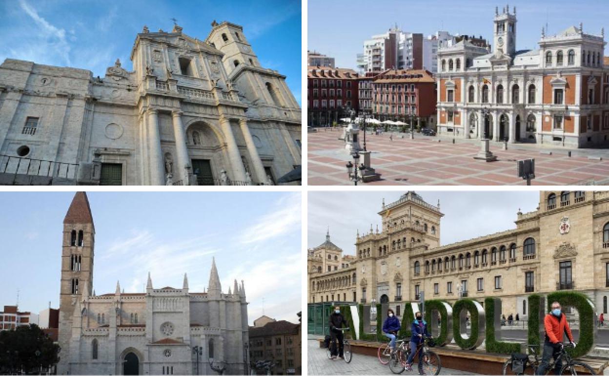 La catedral de Valladolid, la Plaza Mayor, la iglesia de la Antigua y la academia de Caballería de la plaza de Zorrilla. 