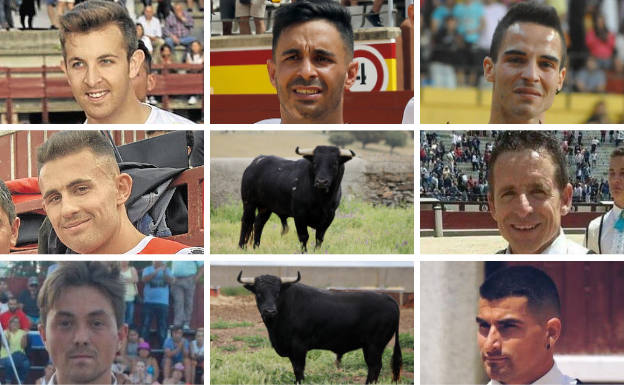 Siete de los 12 cortadores que van a participar en el festejo junto a los dos toros.