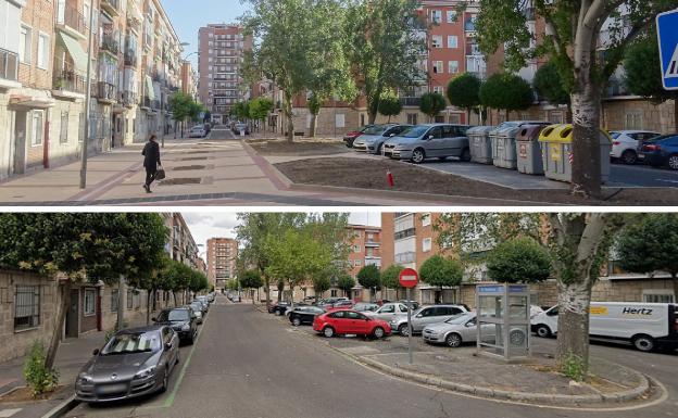 El antes (debajo) y el después de la peatonalización del espacio central de la calle Falla. 