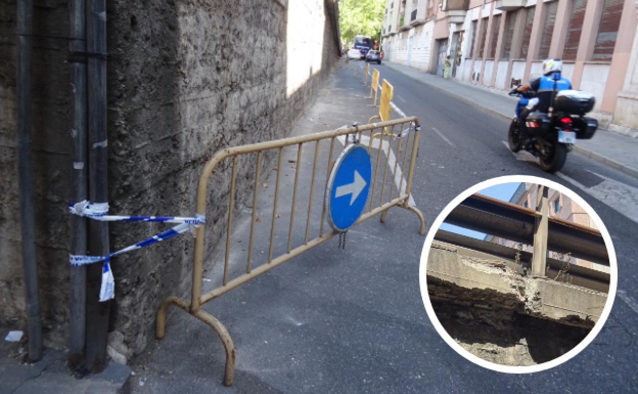 Vallas en torno al viaducto de Arco de Ladrillo, con un carril cortado por la caída de cascotes. 