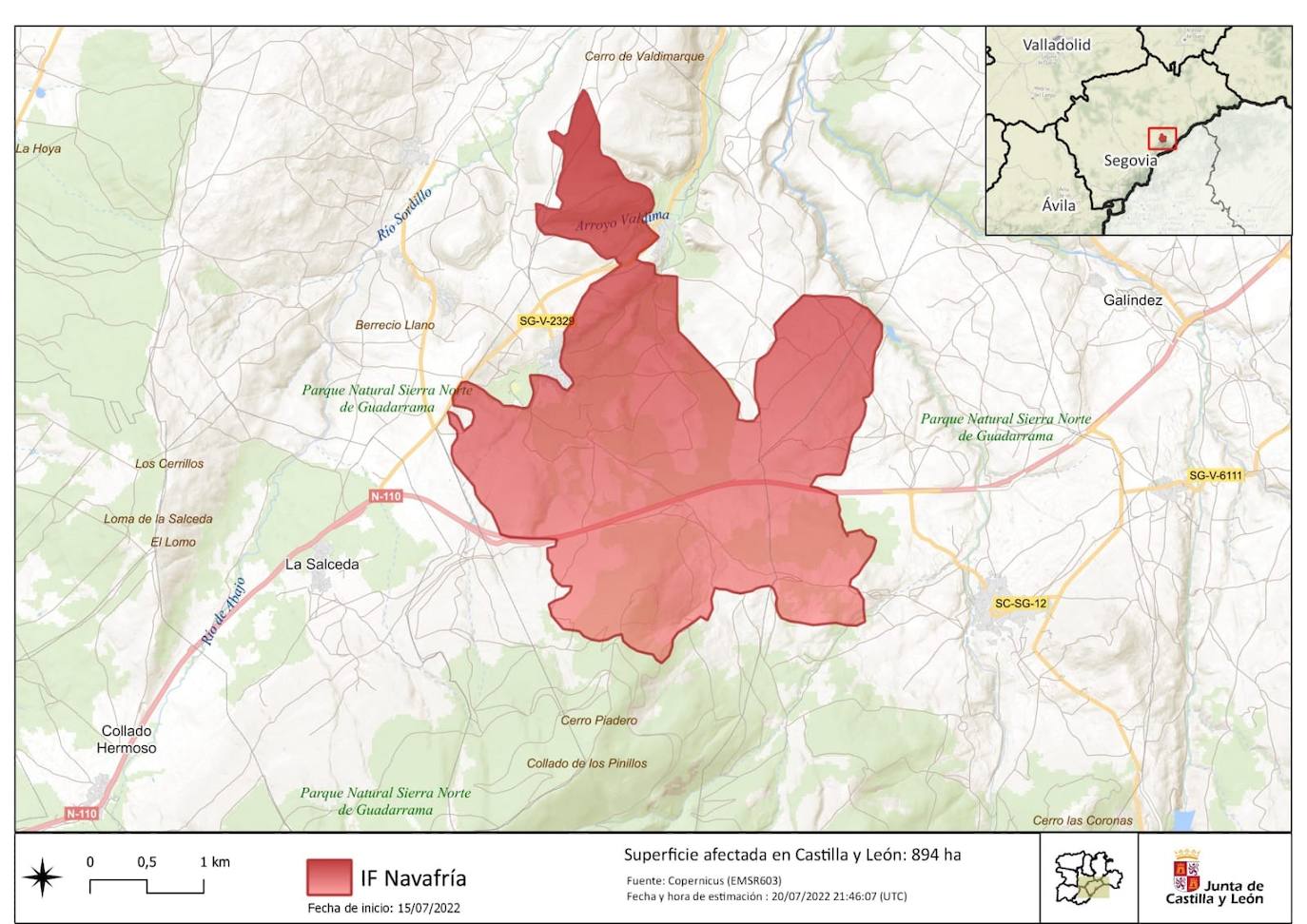 Superficie afectada por el incendio de Navafría.