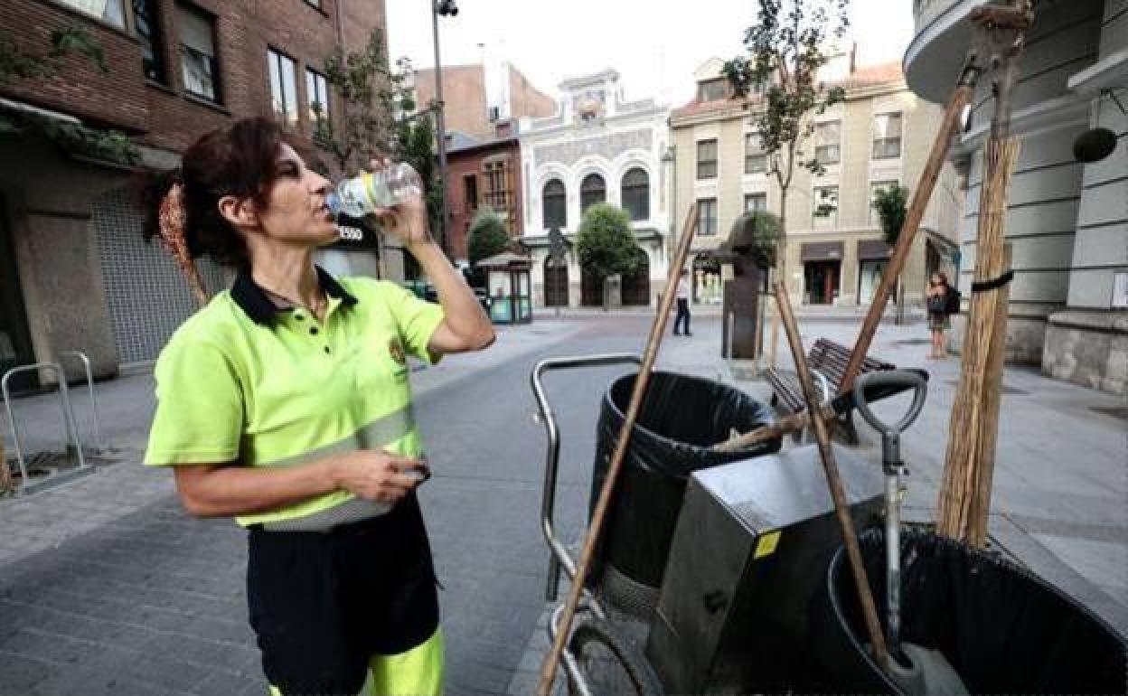 Un barrendera del Servicio Municipal de Limpieza bebe agua por el calor. 