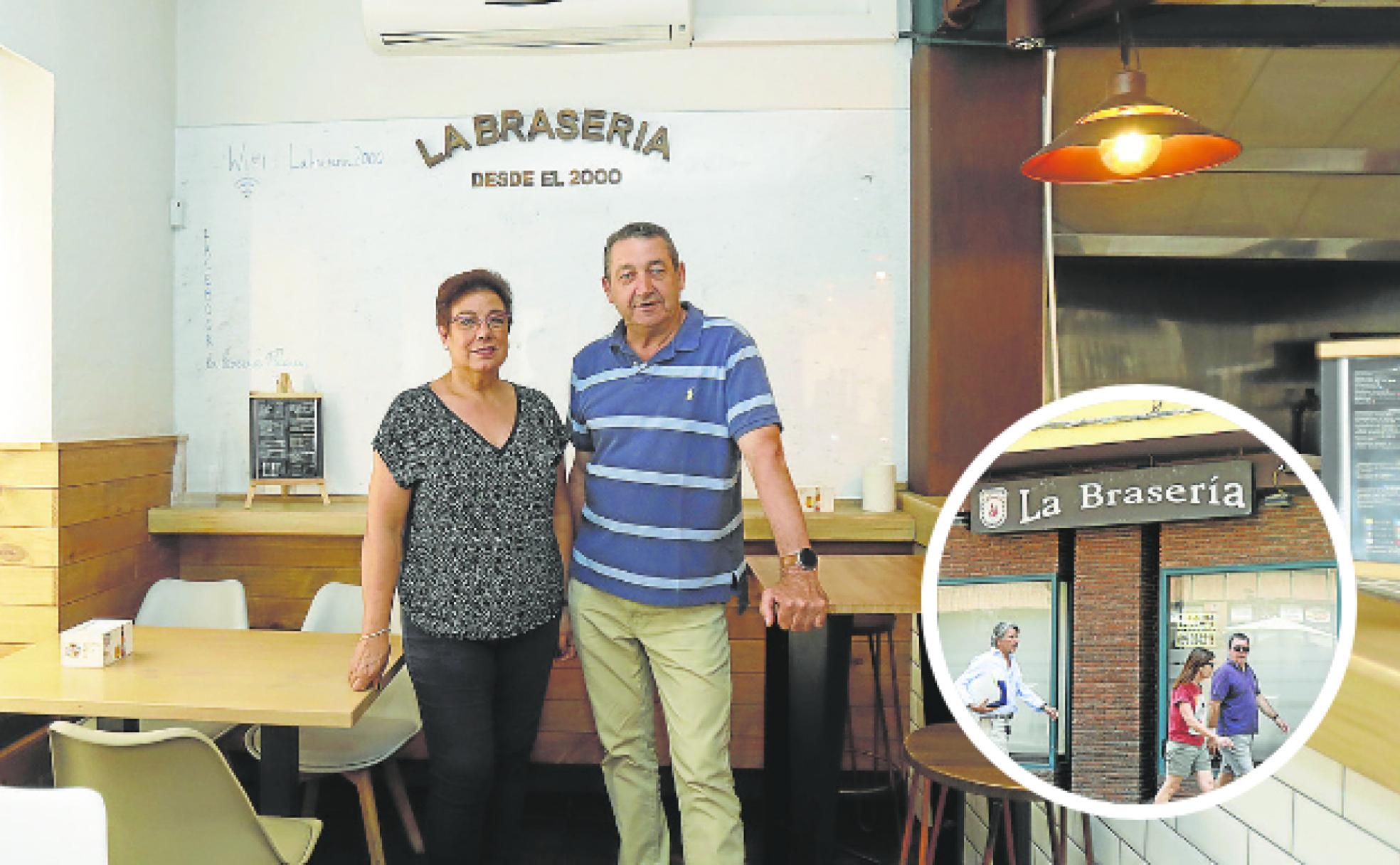 Cristina Bernal y Pablo Rodríguez, en el interior de La Brasería y el exterior del restaurante. 