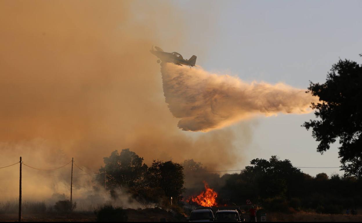 Un avión descarga sobre el fuego en Vegalatrave. 