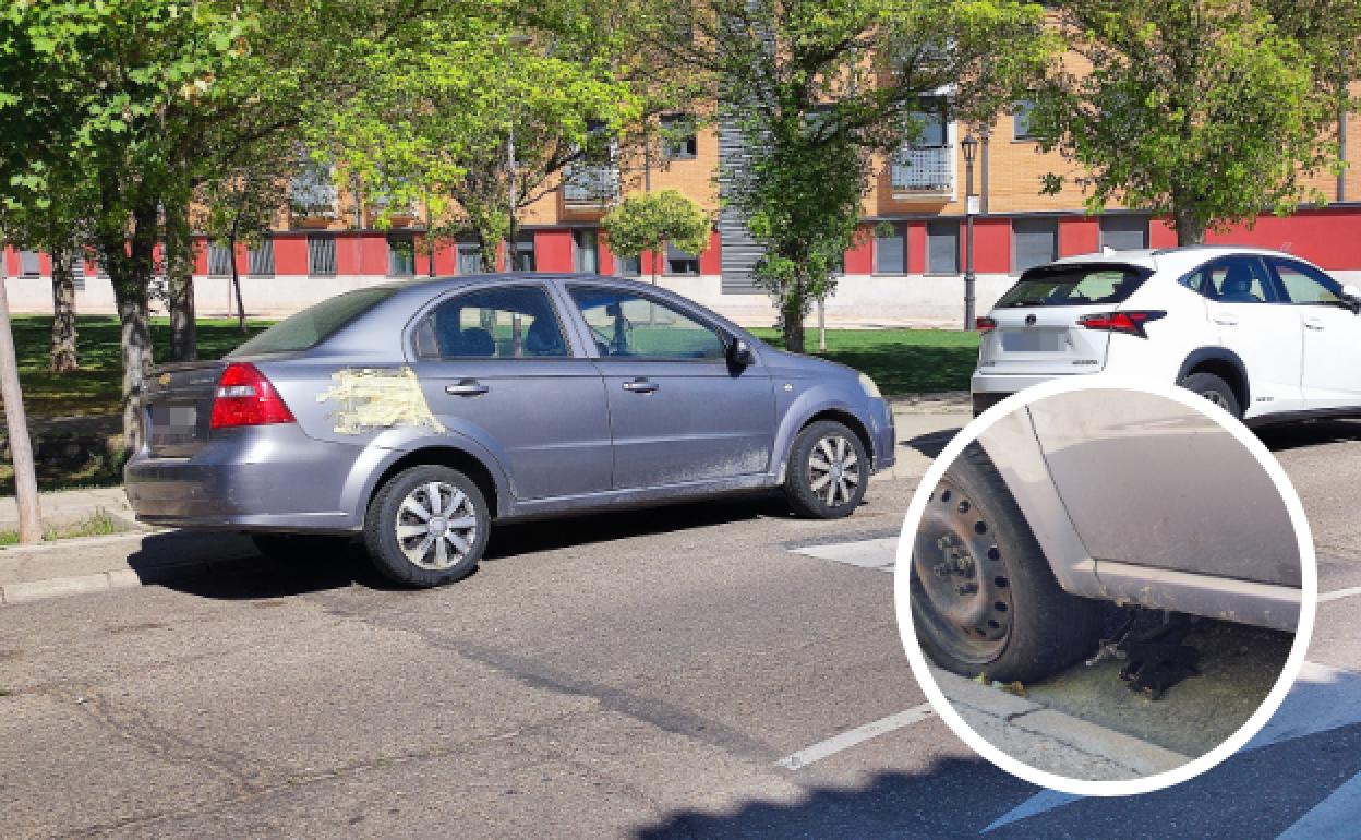 Coche de la exmujer del presunto autor de los disparos enfrente de las casas de la calle Alfredo Martín de Santovenia. En el círculo, gato instalado en la base del vehículo.