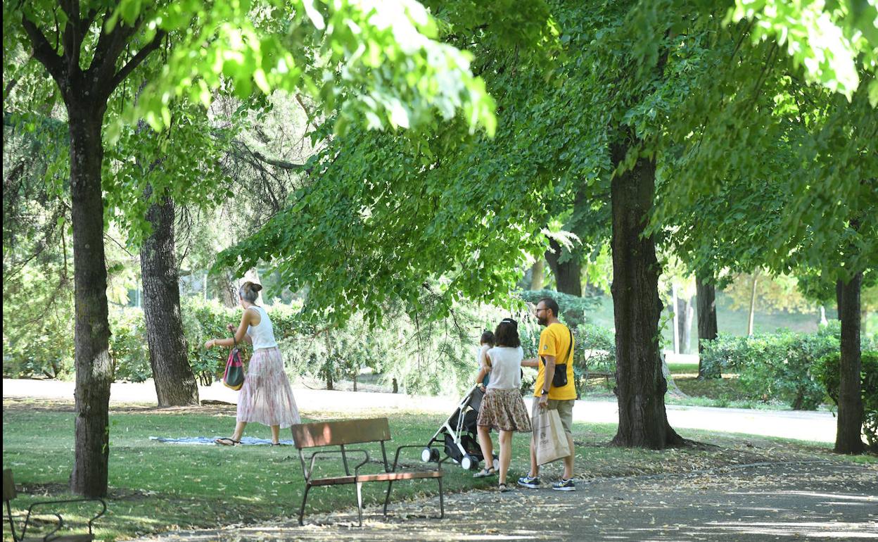 Vallisoletanos pasean por el parque de las Moreras, que se riega los días impares, según la orden de la Confederación Hidrográfica del Duero.