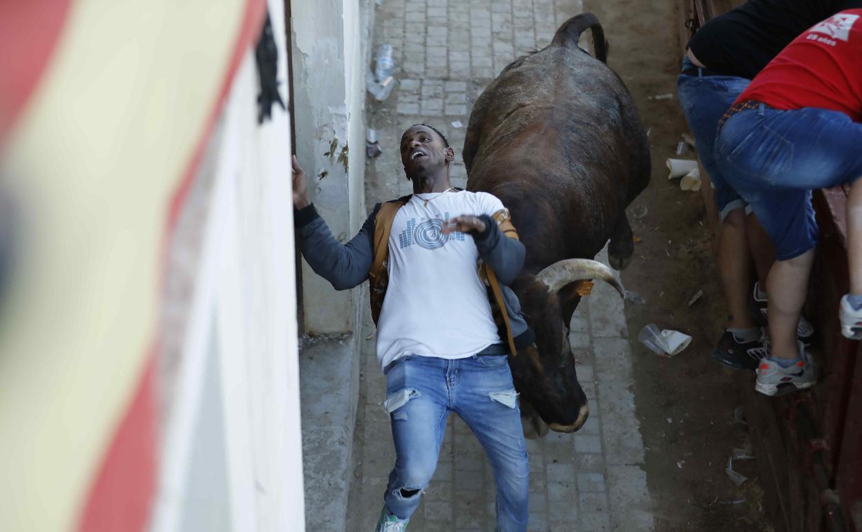 Momento de la cogida del joven guineano en el Coso de Peñafiel. 