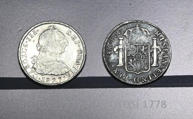 Peñafiel. 1777. Moneda de ocho reales acuñada en Potosí (Bolivia). Fue hallada, junto a otras 279 piezas, en Peñafiel, en 1989 en la plaza del Mercado Viejo, ocultas desde la Guerra de la Independencia. 