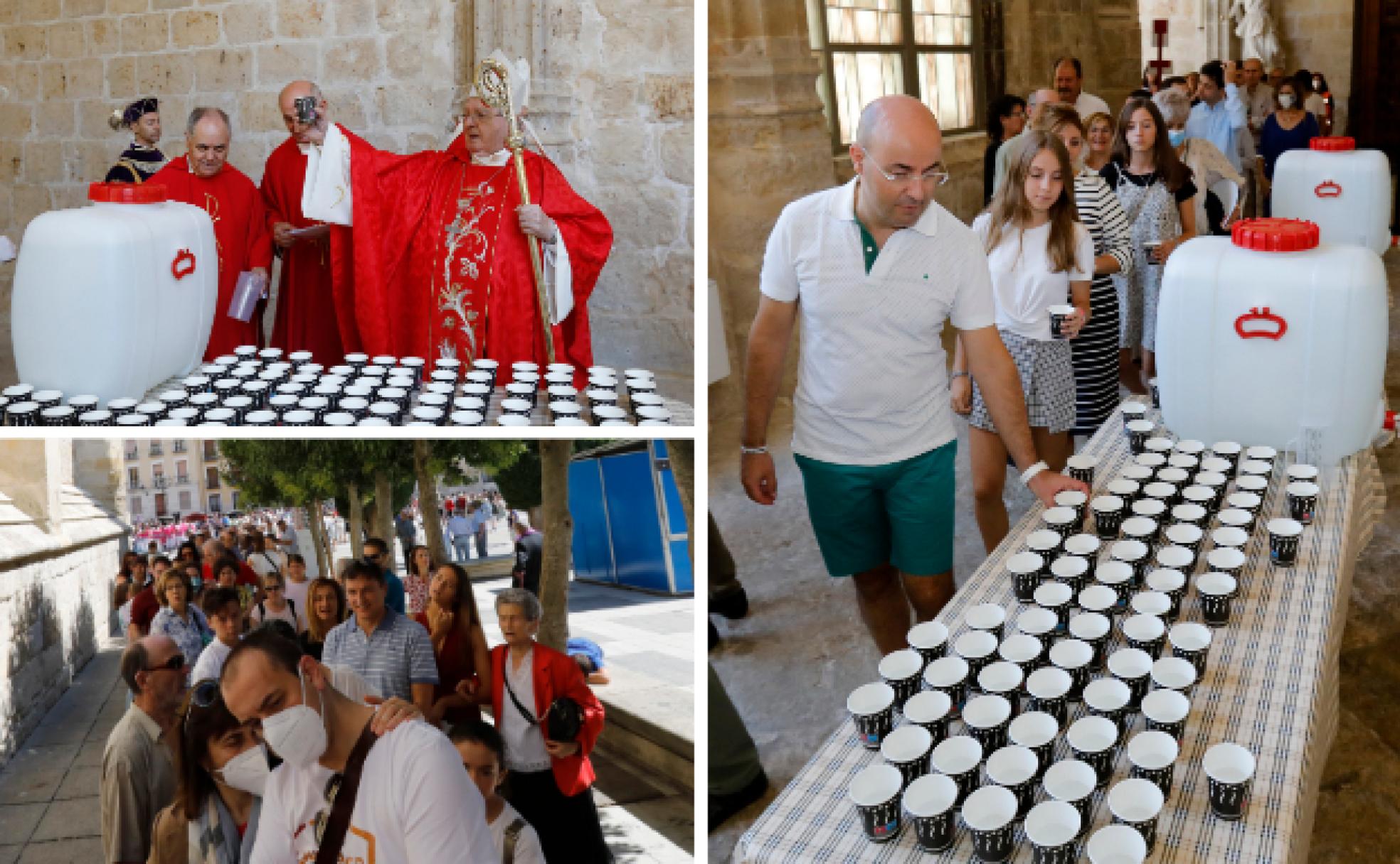 El obispo de Palencia con el agua bendita, junto con los fieles siguiendo la tradición y la fila de personas esperando. 