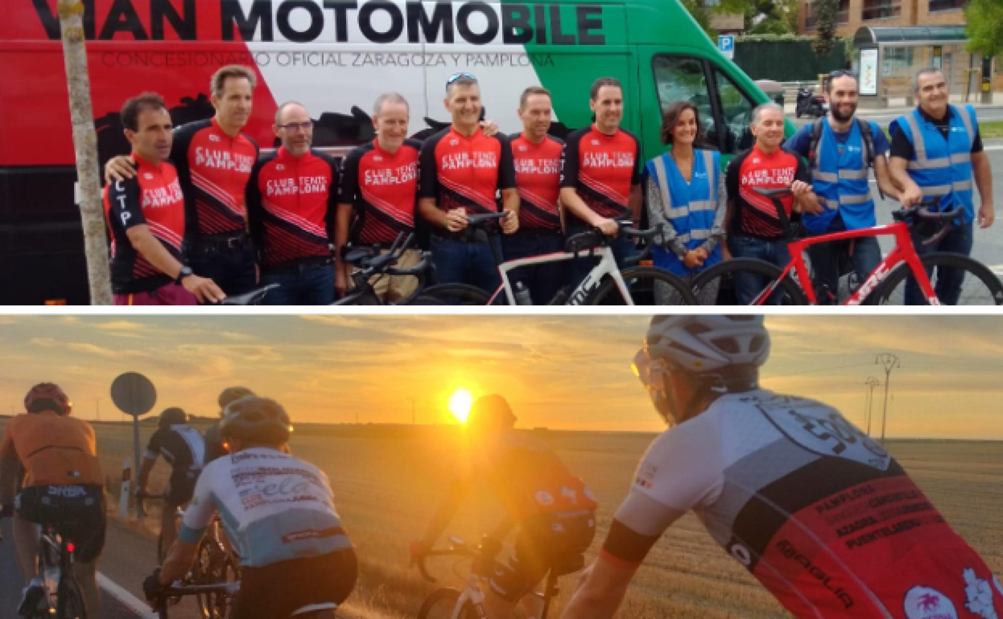 Los integrantes del club, antes de comenzar el reto y ya sobre la bicicleta. 
