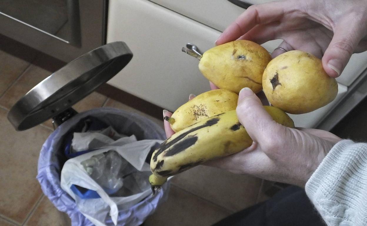 Fruta caducada es arrojada a la basura.