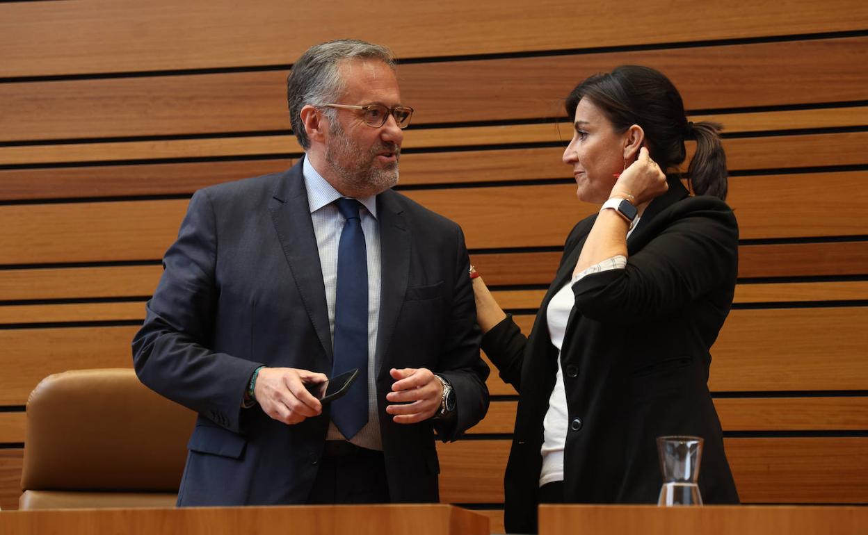 Carlos Pollán, presidente de las Cortes, habla con la socialista Ana Sánchez, vicepresidenta segunda, antes del inicio de pleno.