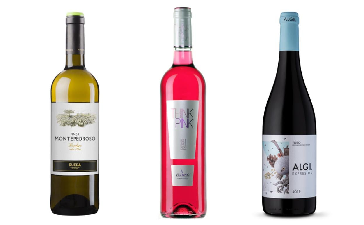 Finca Montepedroso 2021 Verdejo sobre lías , Think Pink 2021, Algil Expresión 2019. 