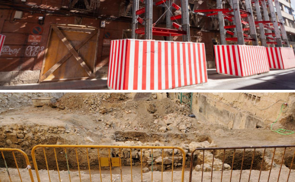 Fachada de los edificios de la calle Menéndez Pelayo de Palencia, que se ha conservado por su valor arquitectónico y, debajo, estructuras halladas durante las excavaciones.