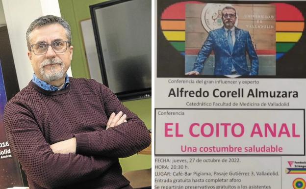 A la izquierda, el catedrático y experto Alfredo Corell. A la derecha, el cartel que simula la supuesta conferencia.