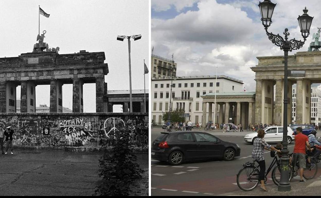 La puerta de Brandeburgo, antes y después de la caída del muro de Berlín.