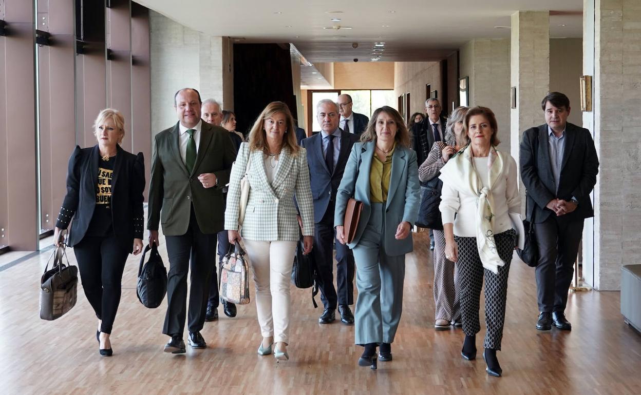 La consejera Rocío Lucas, rodeada de procuradores del PP y miembros de su equipo en Educación. 