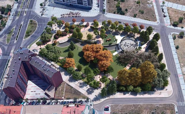 Infografía de la plaza de la Ciudad de la Comunicación, aún con la 'geoda'. 