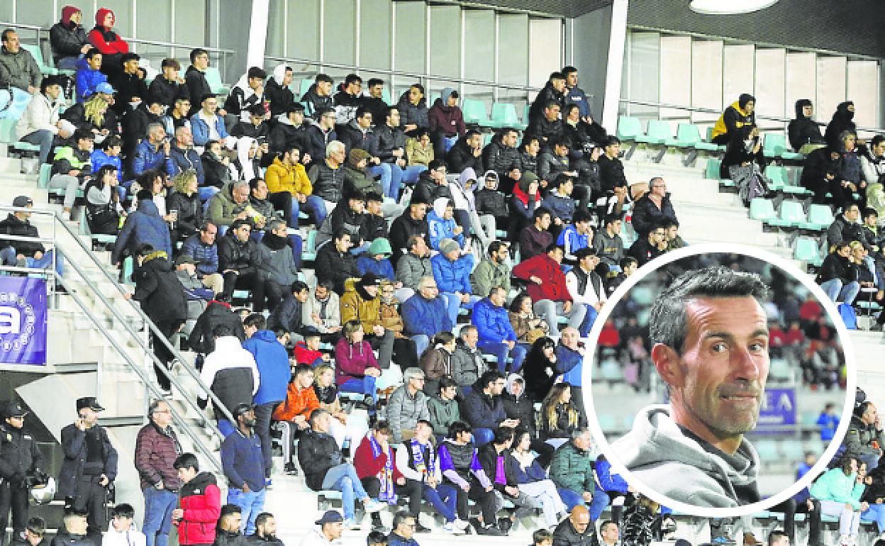 Público palentino en el partido de Copa en La Balastera y Chuchi Jorques, técnico palentino.