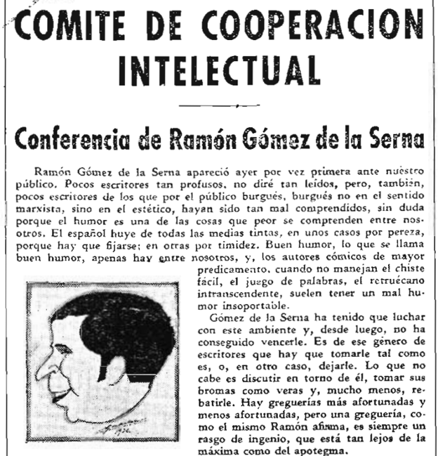 Comentario publicado por El Norte de Castilla sobre la conferencia que dio Gómez de la Serna el 18 de octubre de 1932.