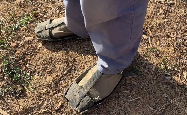 Imagen principal - En la imagen superior Gabriel, de 86 años, habla de amos y soldadas y sigue calzando abarcas y peales zurcidos y remendados por él mismo; debajo a la izquierda, el dintel que labró en su casa Juan Ruiz (el Tío Santos) de Portelárbol (Soria); a la derecha, retrato de los abuelos en una chapa que protege el viejo portón de su antigua casa de Arenillas (Soria).