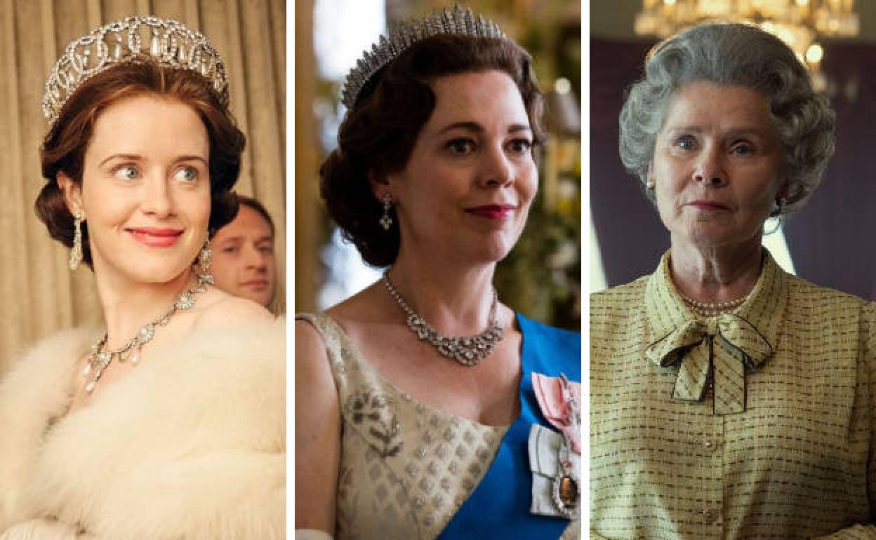 Las actrices Claire Foy, Olivia Colman e Imelda Staunton, como la reina Isabel II en 'The Crown'. 