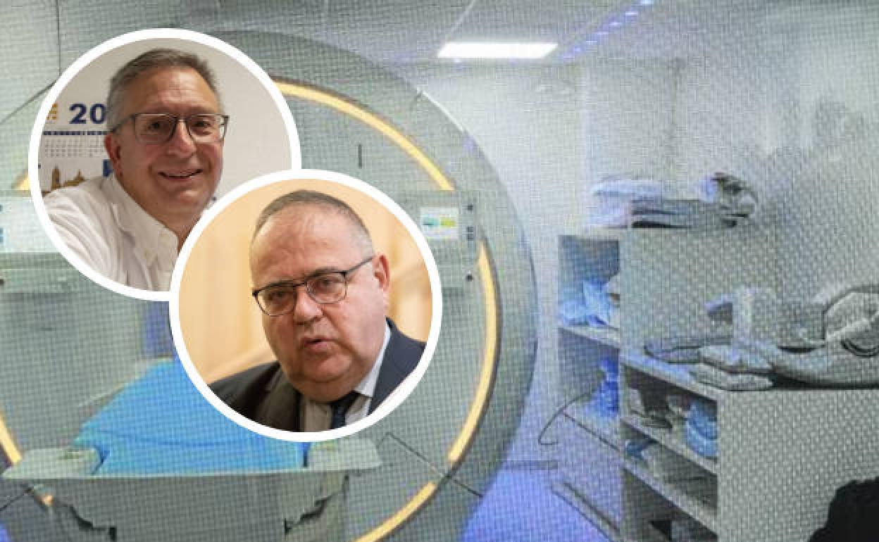 En los círculos, el jefe de Radiodiagnóstico de Segovia, Javier Rodríguez Recio, y el consejero de Sanidad, Alejandro Vázquez, y de fondo una resonancia magnética del Hospital General. 