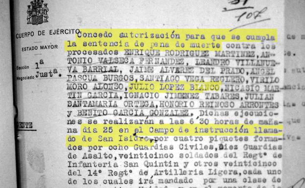 Autorización con el guión para los fusilamientos dictada el 24 de mayo de 1937. 