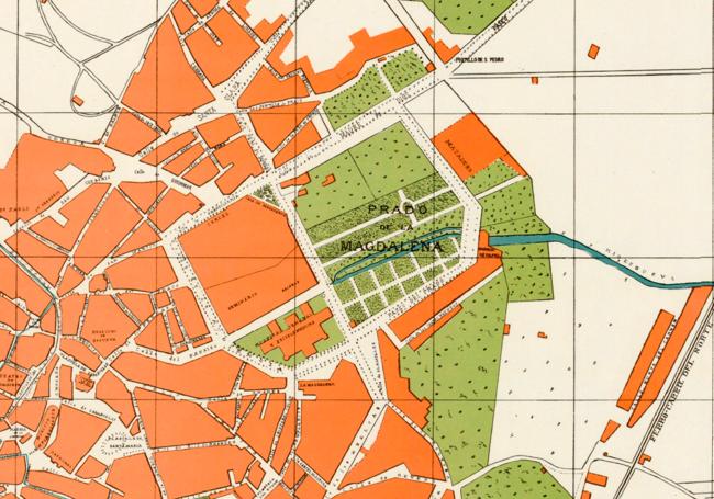 Plano de 1980 con el proyecto de saneamiento de la ciudad redactado por Recaredo Uhagon en el que se recoge el Prado de la Magdalena.