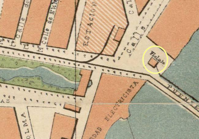 Resaltado en amarillo el fielato del barrio de la Victoria junto al Puente Mayor según el plano de 1890.