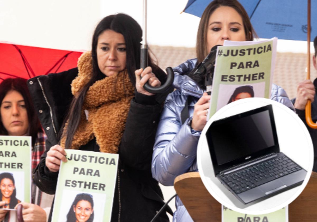 Familiares y amigas de Esther López y, en detalle, un portátil idéntico al que tenía la joven.