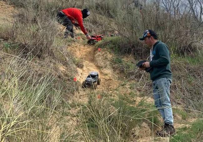 Dos aficionados conducen sus coches teledirigidos por los pinares de Olmedo.