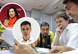 Alfonso Fernández Mañueco y Juan Carlos Suárez-Quiñones, durante una visita al puesto de mando del incendio de Monsagro el verano pasado. En las miniaturas, Margarita Robles y Pedro Sánchez.