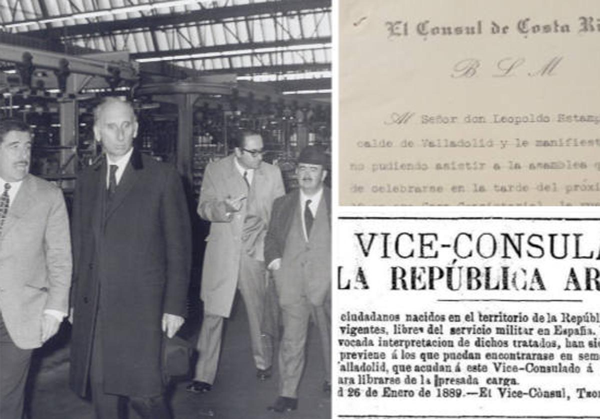 Visita a la fábrica FASA-Renault el 10 de febrero de 1972. Arriba, saludo del cónsul de Costa Rica en Valladolid al alcalde para apoyar la propuesta de pedir un ferrocarril que una Valladolid con Vigo. Abajo, aviso del Vice-Consulado de Argentina publicado en El Norte en 1889.