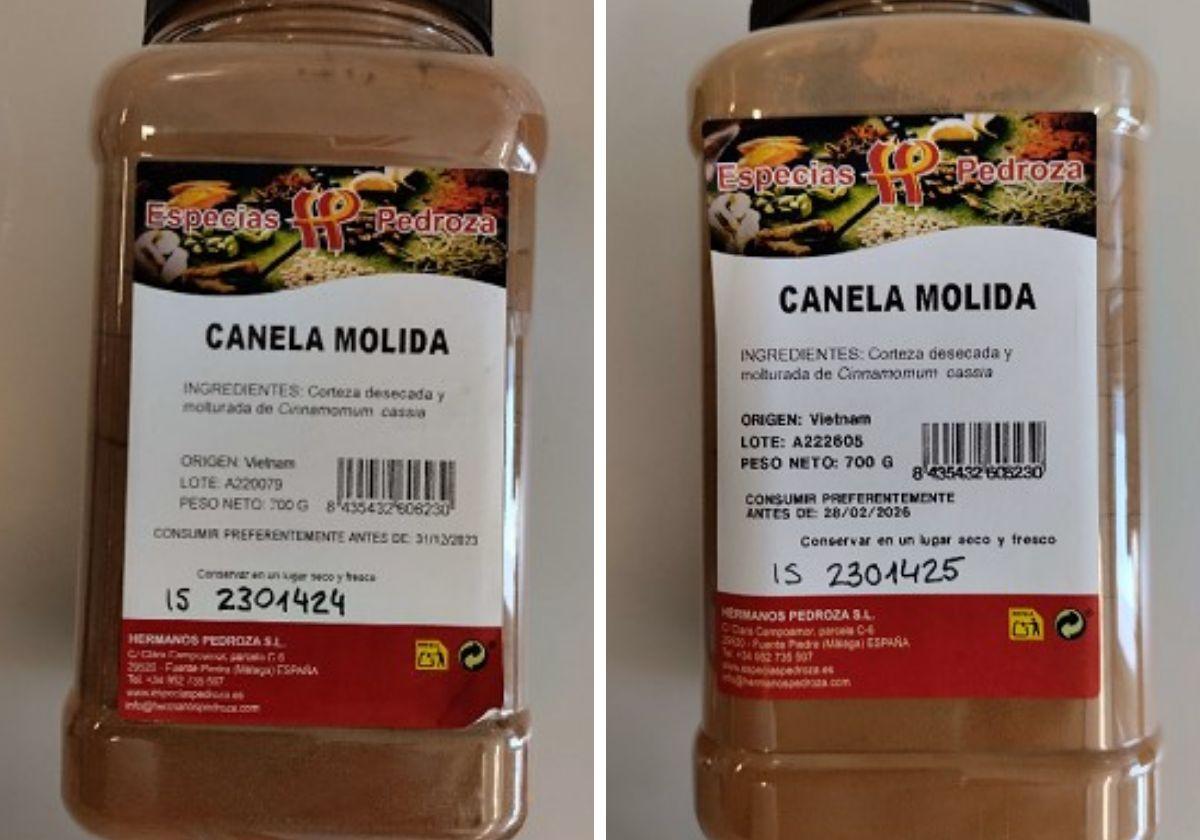 Los dos envases de la canela molida afectada.