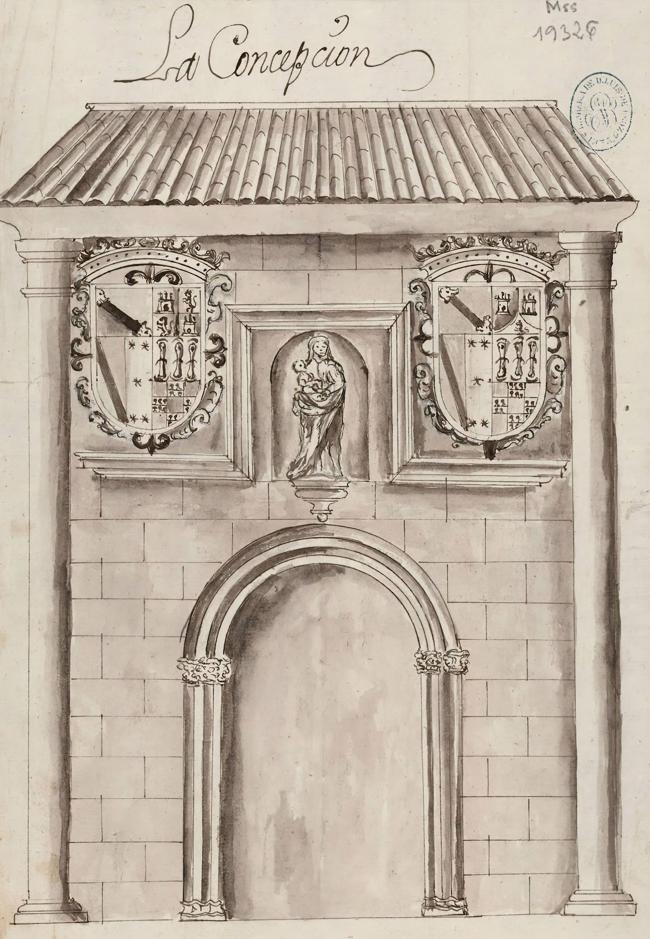 Dibujo de Ventura Pérez de la fachada de la iglesia del convento de La Concepción de Valladolid.