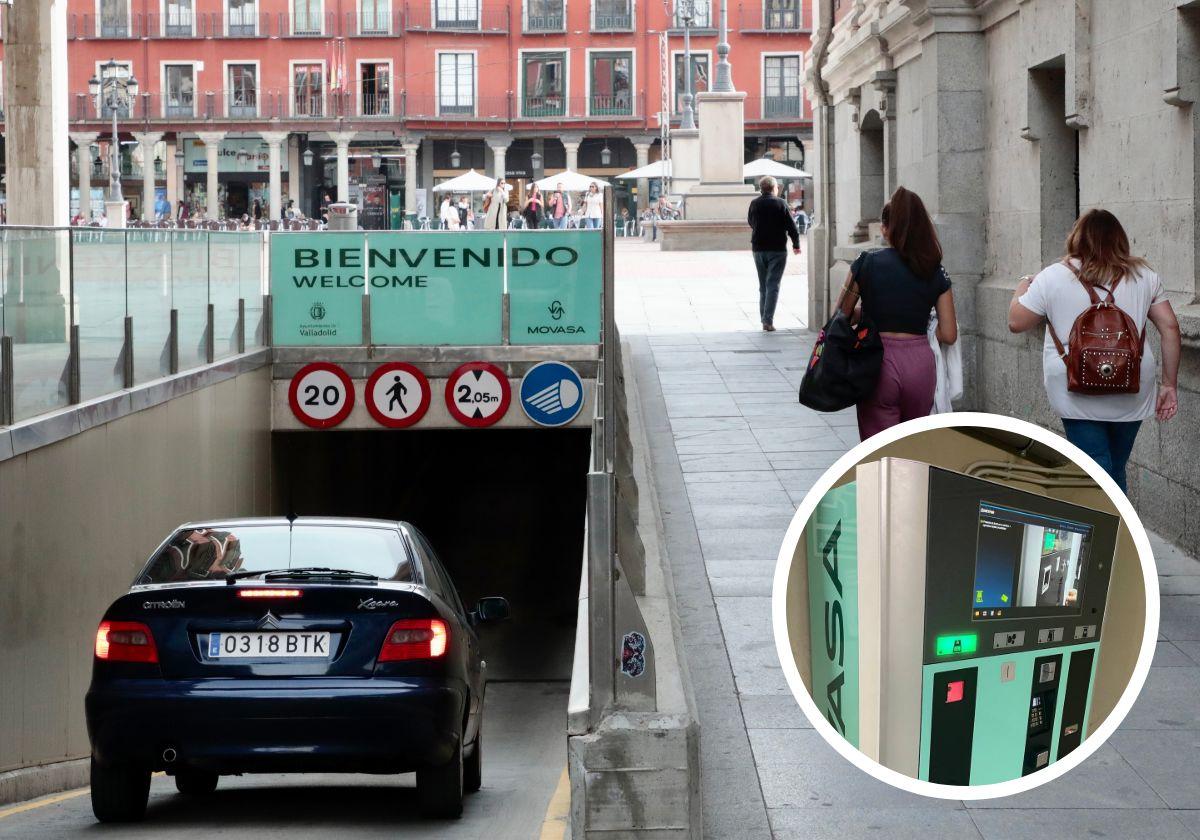 Entrada al aparcamiento de la Plaza Mayor y detalle de la nueva máquina expendedora.