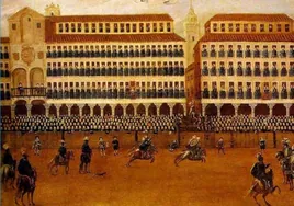 La Plaza Mayor, por Felipe Gil de Mena, a mediados del XVII; a la izquierda, portada del convento de San Francisco.