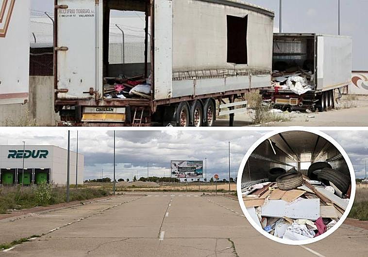 Arriba, camiones abandonados en el polígono de Villanubla durante 2022. En la parte inferior, la calzada sin vehículos tras ser retirados hace quince días. En el círculo, residuos destinados en en los camiones.