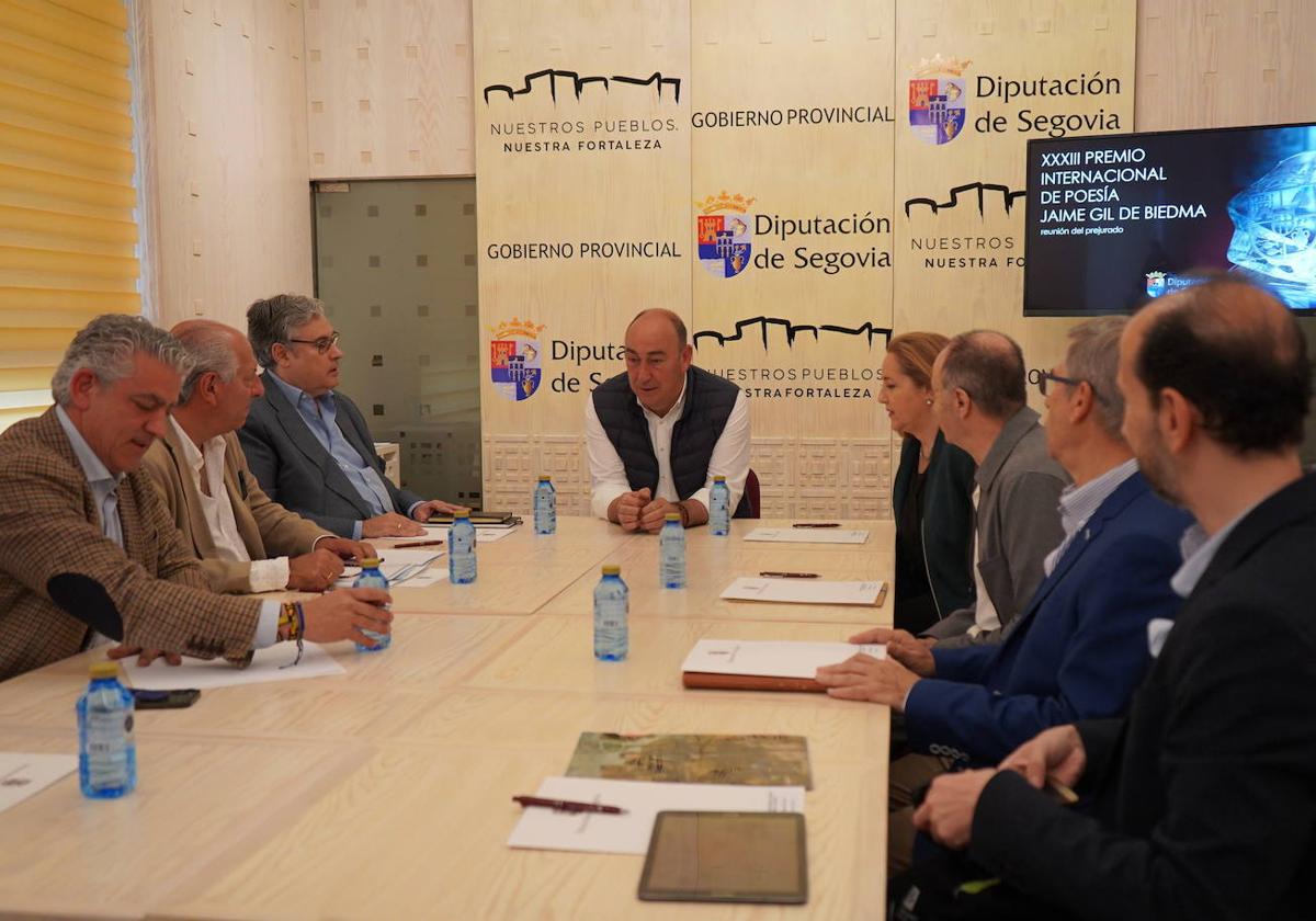 El presidente de la Diputación, Miguel Ángel de Vicente (al fondo), recibe al prejurado del premio.