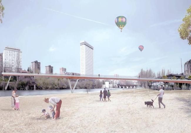 Infografía de la futura pasarela peatonal y ciclista sobre el Pisuerga propuesta por Óscar Puente, que unirá San Quirce con la calle Mariano García Abril, en el barrio de Huerta del Rey.