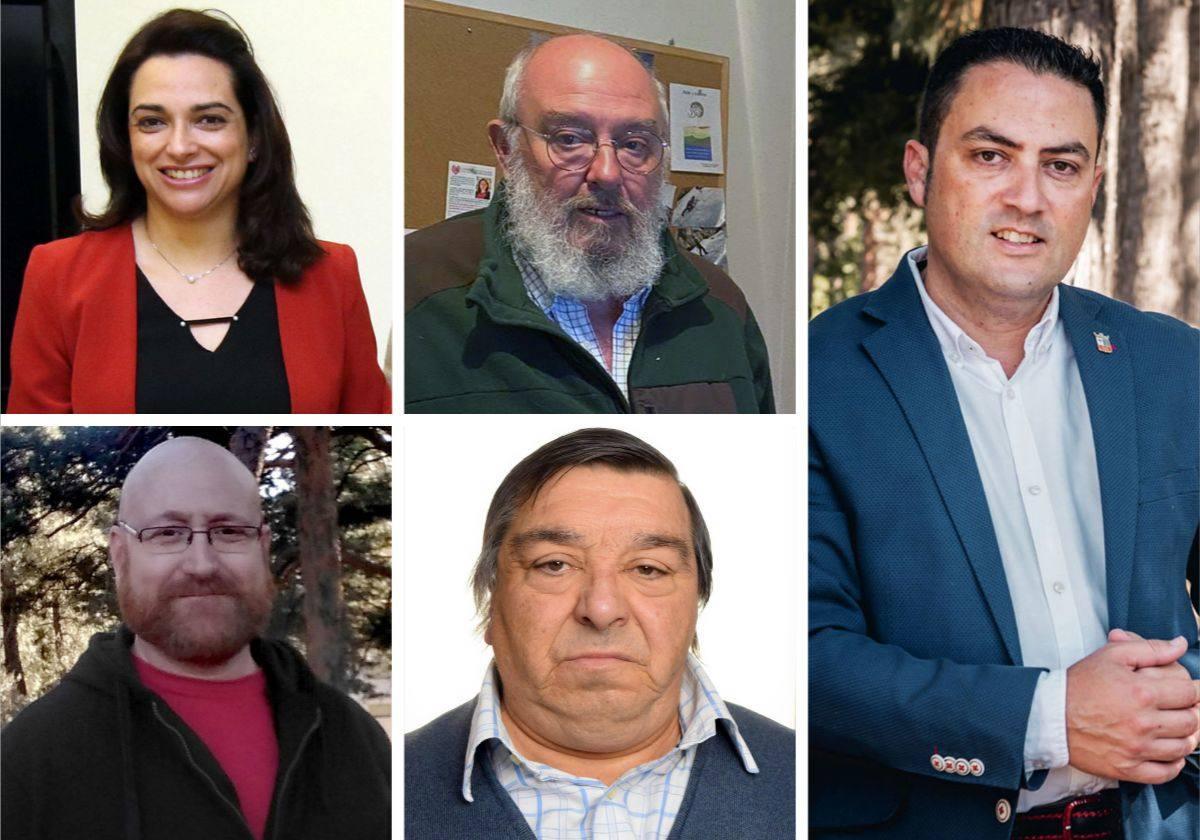 Arriba, Alicia Palomo (PSOE) y Antonio Gascuñana (Vox). Abajo, Jacobo Peña (IU) y Francisco Llacer (Cs). A la derecha, el actual alcalde, Javier Figueredo (PP).