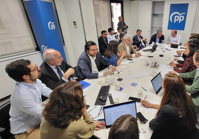 Eduardo Carazo, en la esquina inferior, durante la primera reunión del equipo de Tellado tras la convocatoria electoral de Pedro Sánchez. Al fondo a la izquierda, sentado, José Ángel Alonso.