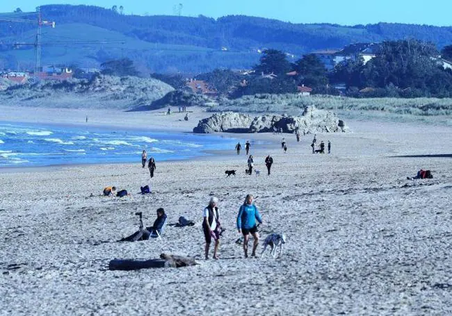 Playa de Somo donde algunas personas pasean a sus perros.