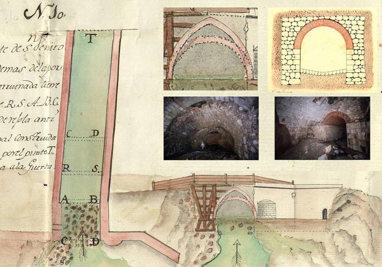 Imagen principal - Arriba, planta y sección del puente de San Benito en 1788, realizados por Joseph Calderón. Debajo, el puente en su estado actual, bajo la calle San Benito (izquierda) y la galería meridional del convento (derecha).