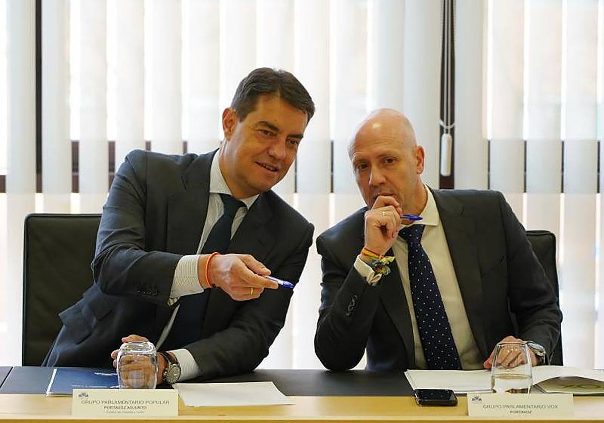 Ángel Ibáñez (PP) dialoga con Carlos Menéndez (Vox) en una Junta de Portavoces anterior.